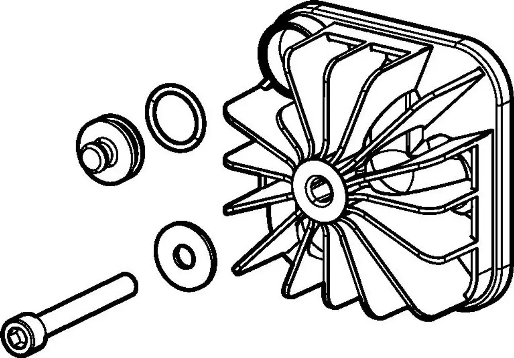 Montierte Hansa Blindstopfen-Illustration mit einem Lüfterrad und mehreren Befestigungselementen, einschließlich Unterlegscheiben und einer Schraube, angeordnet auf einem weißen Hintergrund.